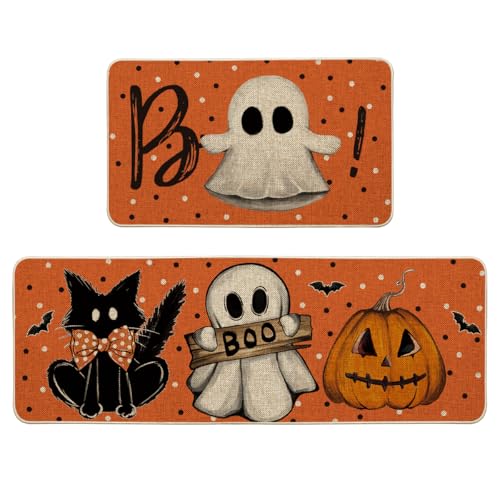 Halloween Kitchen Mats Set of 2 - Ghost Boo Orange Non-Slip 17x29 & 17x47 Inches