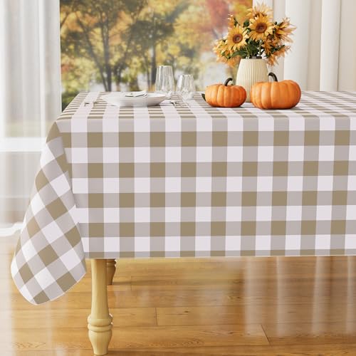 Waterproof Vinyl Rectangular Tablecloth - Flannel Backed, 120x60 Inches, Khaki & White