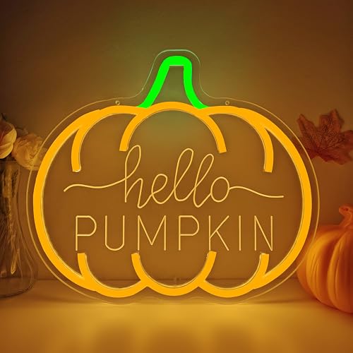 Hello Pumpkin Neon Sign for Wall Decor Fall LED Light Up Sign Dimmable Autumn Halloween Thanksgiving