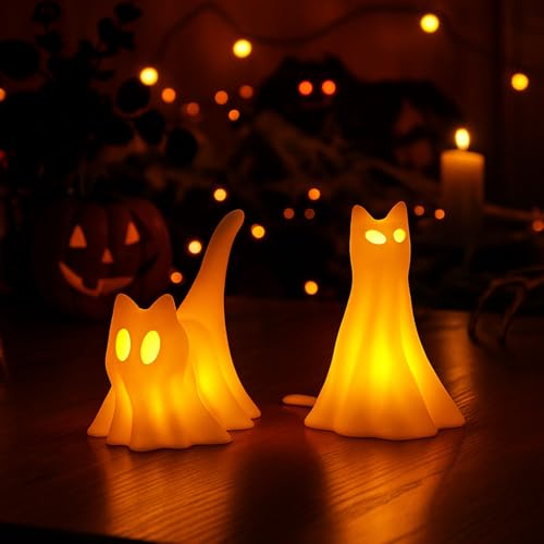 Halloween Ghost Cat LED Figurines Set - Spooky Tabletop Decor with Amber Glow