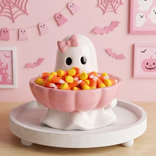Pink Ghost Halloween Candy Bowl with Bow Ceramic Dish - Reallnaive