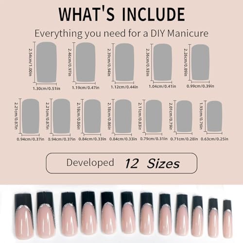 120Pcs Long Square Black French Tip Press On Nails with Glitter & Designs - Style-17