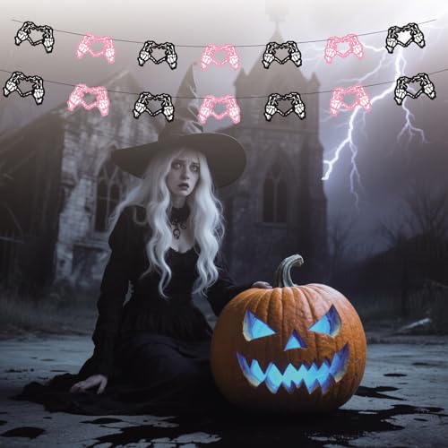 Halloween Skeleton Heart Banner Pink & Black Gothic Party Decor Set - Spooky Garland for Gothic Weddings and Bachelorette Parties