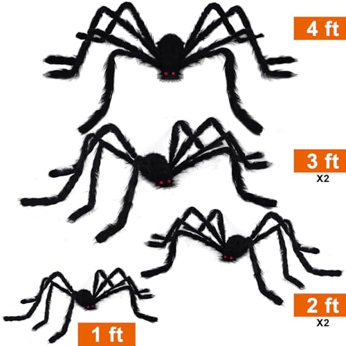 Halloween Giant Spider Decorations 6 Pack - Realistic Black Scary Spiders for Yard & Home Halloween Decor
