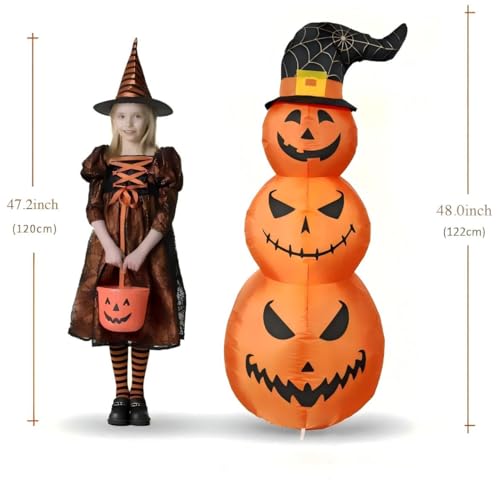 4FT LED Light-Up Halloween Inflatable Pumpkins with Witch Hat - Outdoor Yard Decor