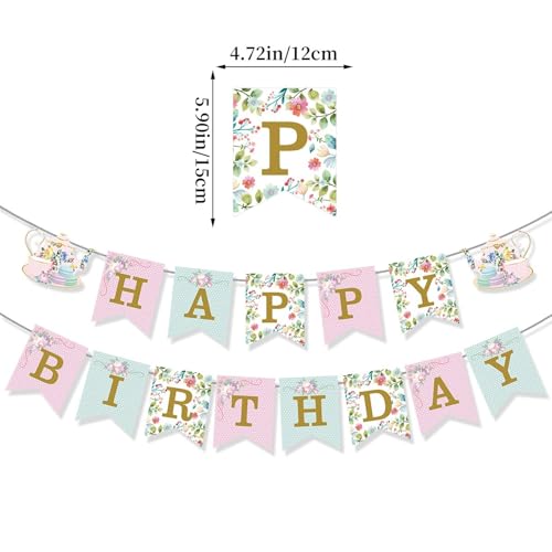 Birthday Party Banner Set with Cake Toppers and Spiral Charms - Tea Gathering Theme