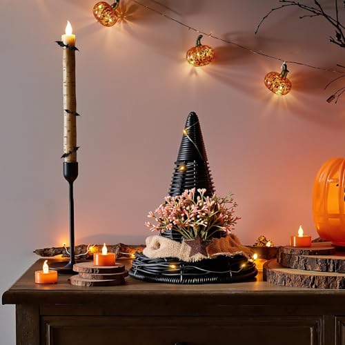 Rustic Halloween Witch Hat Decor with LED Lights - Indoor Table Centerpiece