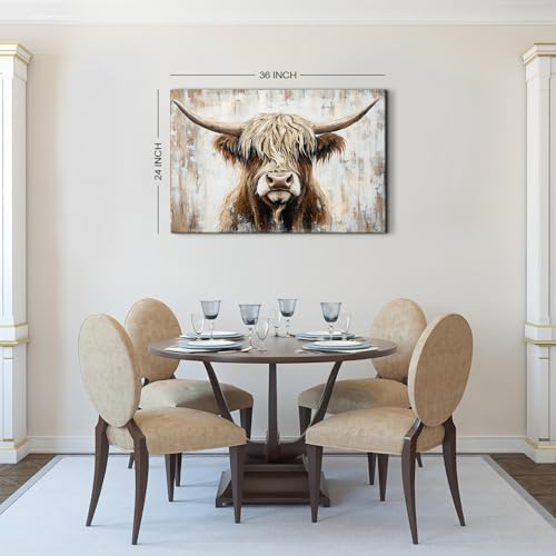 Longhorn Cow Wall Art Canvas - Rustic Highland Cow Decor 36x24 Variation of THIS listing Cow01