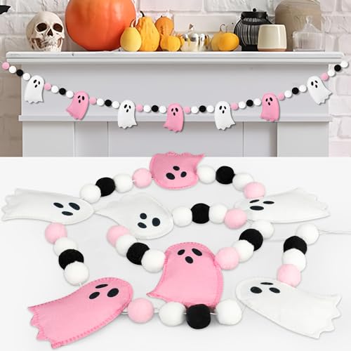 Halloween Felt Ghost Garland - Pre-Strung Pink & White Ghosts with Felt Balls, 8.2 Feet Home Holiday Decor