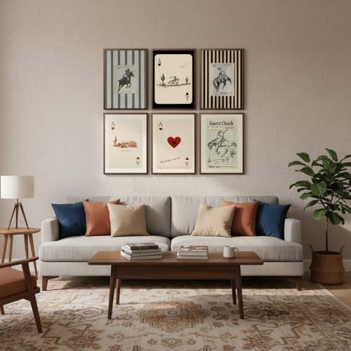 Western Cowboy Wall Art Set - 6 Vintage Canvas Posters 12x16 Inches with Variation Cowboy Playing Cards