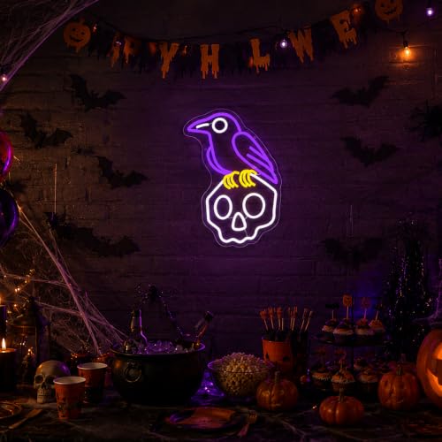 Crow Skull Neon Sign Halloween Neon Light LED Gothic Spooky Decor - Purple+Cool White+Lemon Yellow
