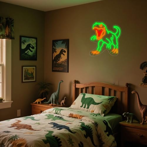 Green Dinosaur Neon Sign - Dimmable Jurassic T-Rex LED Light Decor - 14.5x13.6"