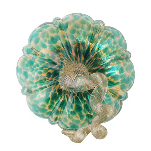 Hand Blown Glass Pumpkin Decor - 4.13 Inch Blue and Gold Glitter Fall Accent - Handmade Thanksgiving Table Centerpiece