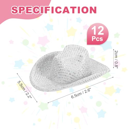 Mini Cowboy Hats Set - 12 White Glitter Dot Western Accessories, 2.6x2.2 Inch