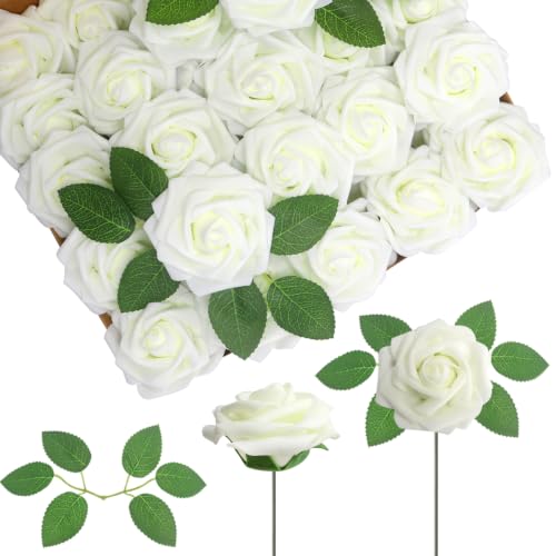 Ivory Artificial Roses Set - 100 Realistic Latex Flowers with Bendable Stems & 24 Leaves - Wedding & DIY Decor - Variation of THIS listing 100