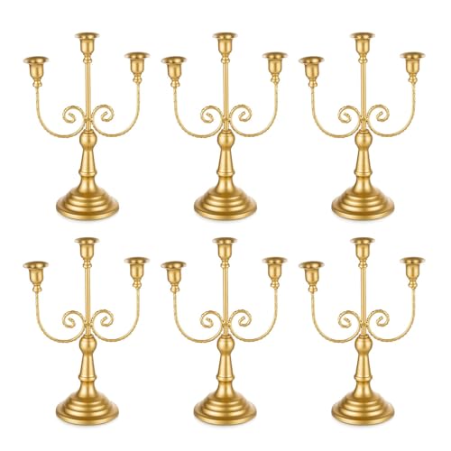 Romadedi Gold 3-Arm Candle Holder Set of 6 - 11.8 Inch Classic Taper Candle Holders