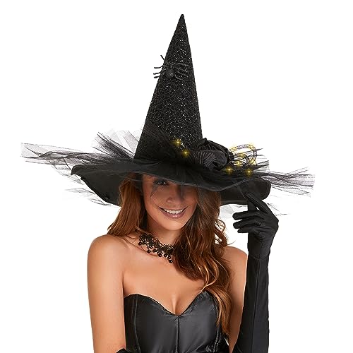 Black Spider Witch Hat Halloween Costume with LED Light and Gauze Feathers - Variation of THIS listing