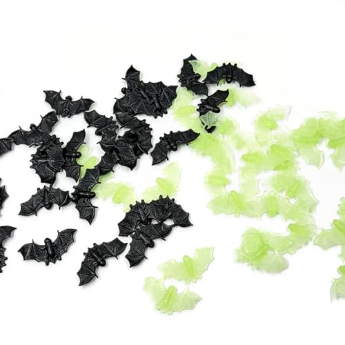60PCS Halloween Plastic 3D Bat Decorations - Mini Black & Fluorescent Green Ornaments for Parties & Crafts