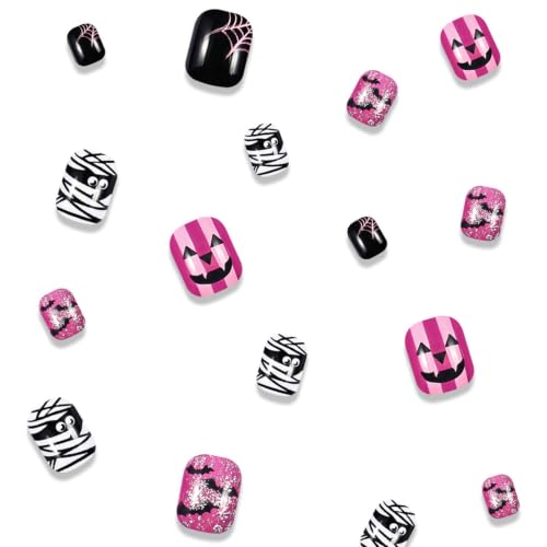Halloween Press On Nails Short Square Glossy Fake Nails Set - Purple Black White Variation