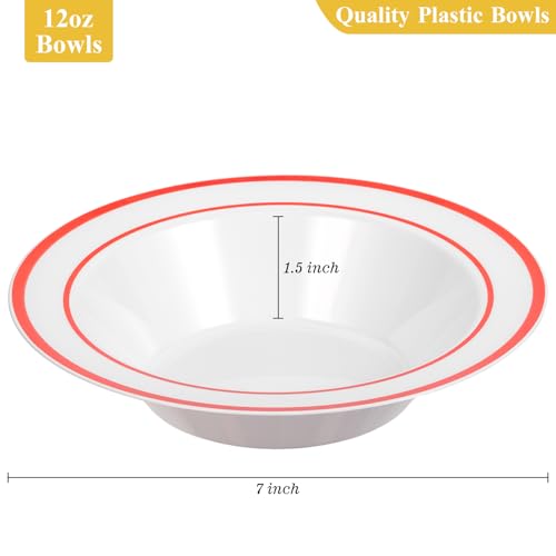 Disposable Plastic Bowls with Red Rim - 50 Pack, 12oz Food-Grade, BPA-Free