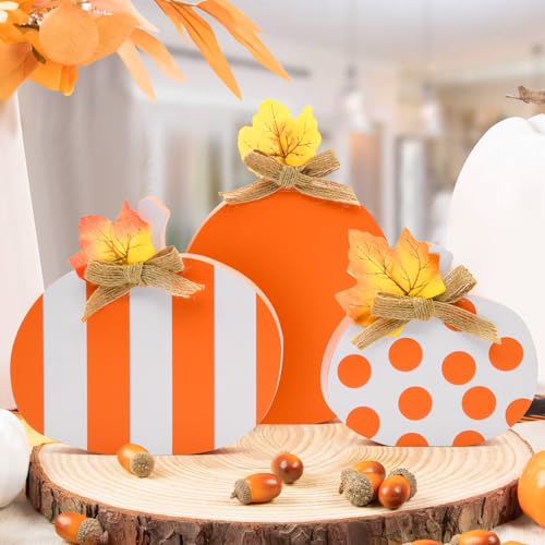 Fall Wooden Pumpkin Decor Set of 3 - Rustic Autumn Table Centerpieces