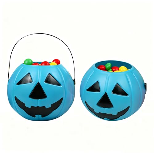 Blue Halloween Pumpkin Candy Bucket with Handle - 8.3 Inch Trick or Treat Toy