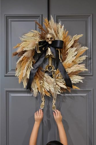 Halloween Wreath for Front Door 24 Inch with Skeleton, Faux Wheat & Pampas Grass, Black Bow - Indoor Outdoor Decor