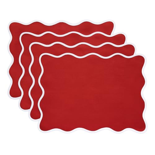 Christmas Red Linen Placemats Set of 4 - Scalloped Edge, 14 x 19 Inches