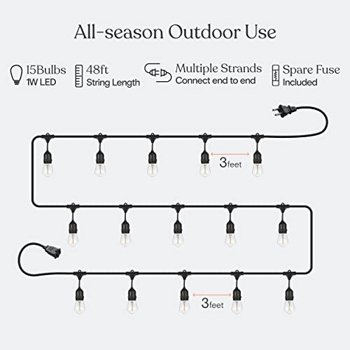 Outdoor LED String Lights 48 Ft - 15 Vintage Edison Bulbs Waterproof Dimmable
