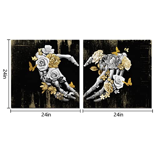 Large Gothic Skull Wall Art Decor Set - Black, Gray & Gold Framed Canvas Artwork (24x24 Inch, 2 Pieces)