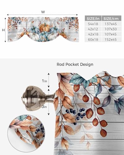 54x18 Inch Orange Blue Pumpkin Fall Kitchen Valance Set Window Treatments - Tie Up Wooden Rod Pocket Curtains for Home and Living Room - Thanksgiving Leaves