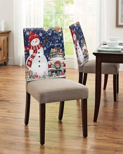 4 Pcs Navy Blue Christmas Snowman Chair Covers for Dining Room - Xmas Truck & Poinsettia Linen Protectors
