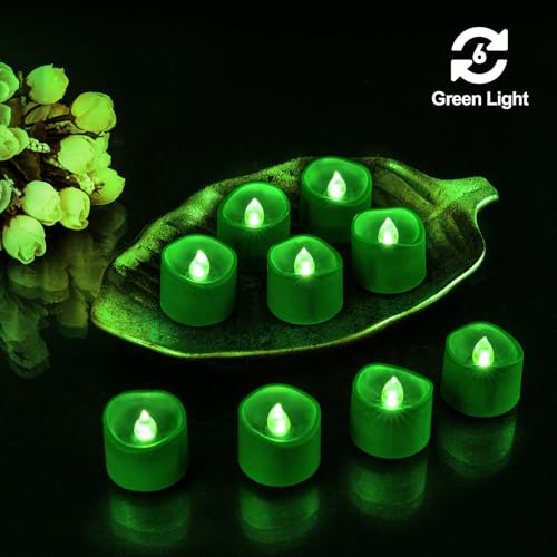 Green Flickering Flame Tea Lights with Auto 6H Timer - Battery Operated, Curved Design