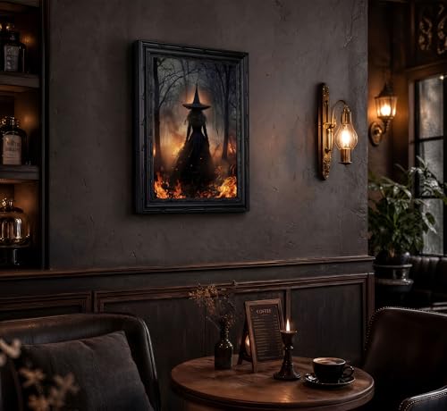 Halloween Flame Witch Canvas Wall Art - Black Framed 9x11in, Variation: Fire Witch
