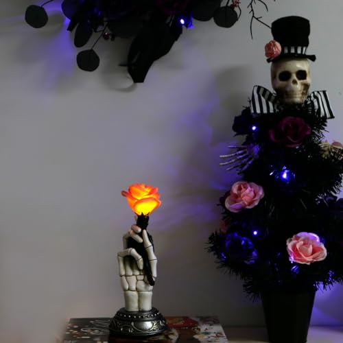 Gothic Halloween Skeleton Hand with LED Rose Statue - Indoor Decor