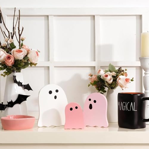 Halloween Ghost Decor Set - Pink & White Wooden Table Decorations for Indoor Home & Office