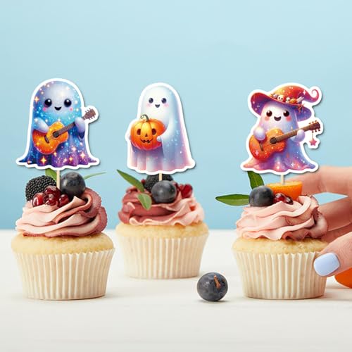 Halloween Cupcake Toppers Set - 24 Cute Ghost and Pumpkin Decorations with Toothpicks