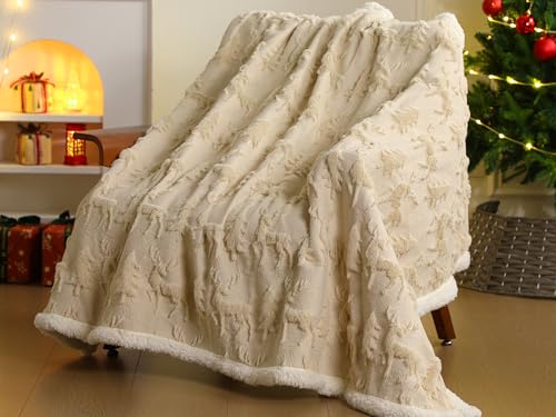 Remagr Beige Reindeer Christmas Sherpa Throw Blanket 50x60in - Double-Sided Plush Cozy Decor