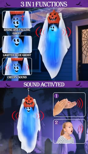 Sound Activated Halloween Hanging Ghost with Pumpkin - 43 Inch Spooky Animatronic Decor