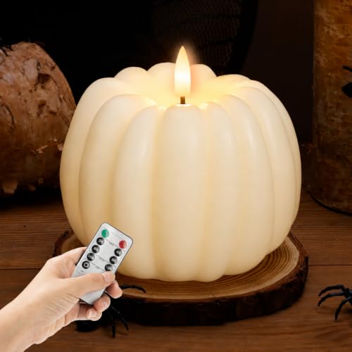 White Flameless Pumpkin Candle with Remote & Timer - Fall Decor, Real Wax, 3D LED Flame, Harvest