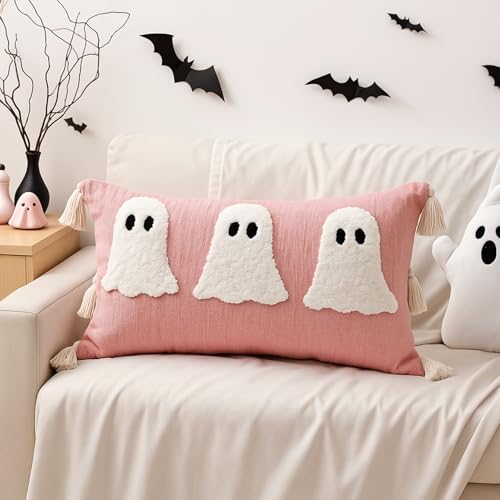 Halloween Ghost Lumbar Throw Pillow with Tassels - Pink, 14x26 Inches