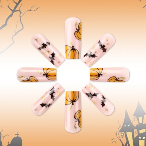 Halloween Long Square Press On Nails with Pumpkin, Bat & Web Designs - Variation Color42