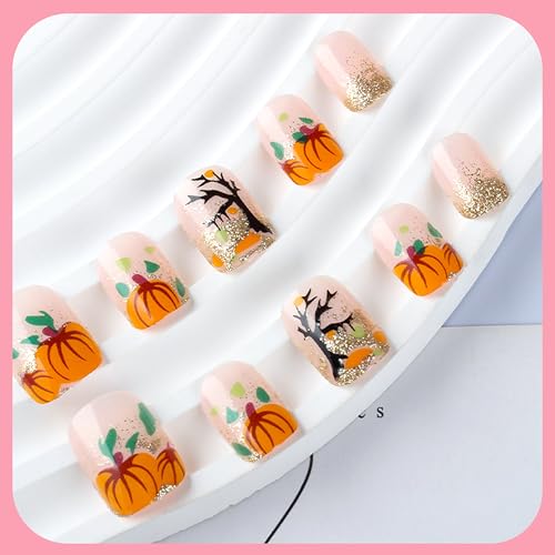 Fall Pumpkin French Tip Press On Nails Short Square Glitter Artificial Nails for Women - Autumn Variation