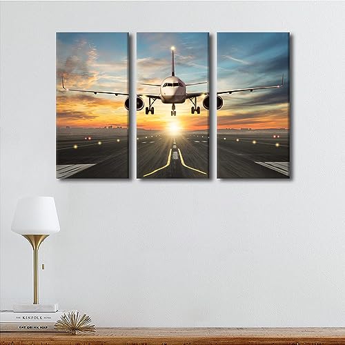 Three-Piece Canvas Wall Art Set - Sunset Sky Airplane Rural Landscape, Framed & Ready to Hang, 42x28 Inches - Variation 17