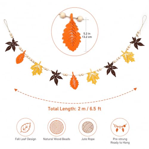 Fall Leaf Garland with Wood Beads - Rustic Thanksgiving Fall Decor