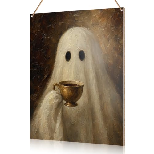 Halloween Ghost Wall Decor Sign for Coffee Bar - Spooky Hanging Sign
