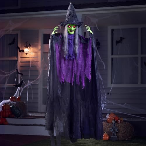 Spellbound Witch Hanging Halloween Decor - 72 Inch Green Face Light-Up Ghost with Sound Activation