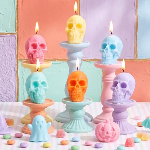 Pastel Skull Candles Set - Gothic Halloween Decor, Unscented Wax, 12 Pieces