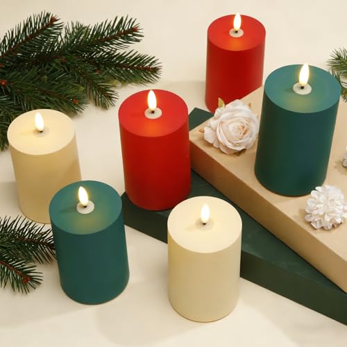 LED Flameless Candles Set - 6 Pieces, Battery Operated, 4.3 Inches Tall, for Weddings & Holidays (Green, Red, Ivory)
