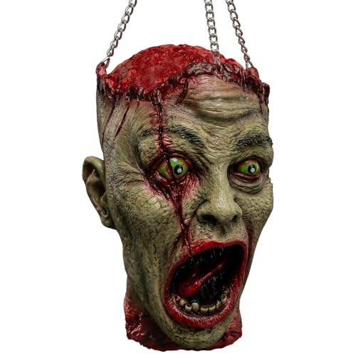 Halloween Bloody Zombie Head Prop - Latex Hanging Severed Head with Chains - 11.8"